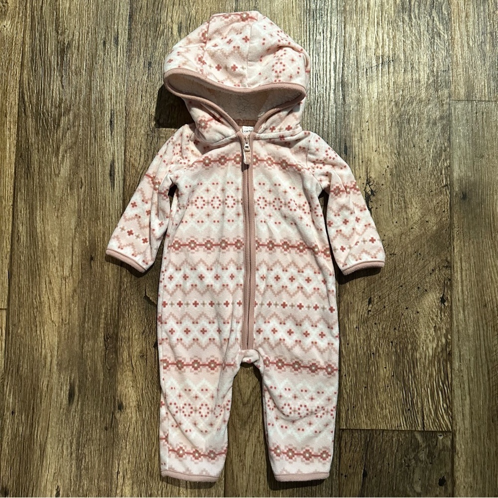 Carter’s Baby Girl‎ Fleece Bunting 6M Pink Hooded Pram Snowsuit One Piece